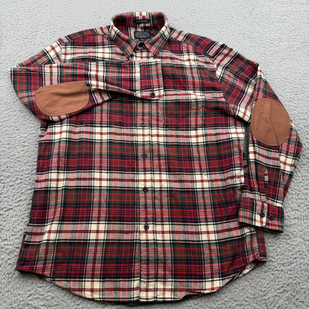 Pendleton Flannel Shirt Mens Large Red Plaid Elbow Patches Hawthorne Button Up